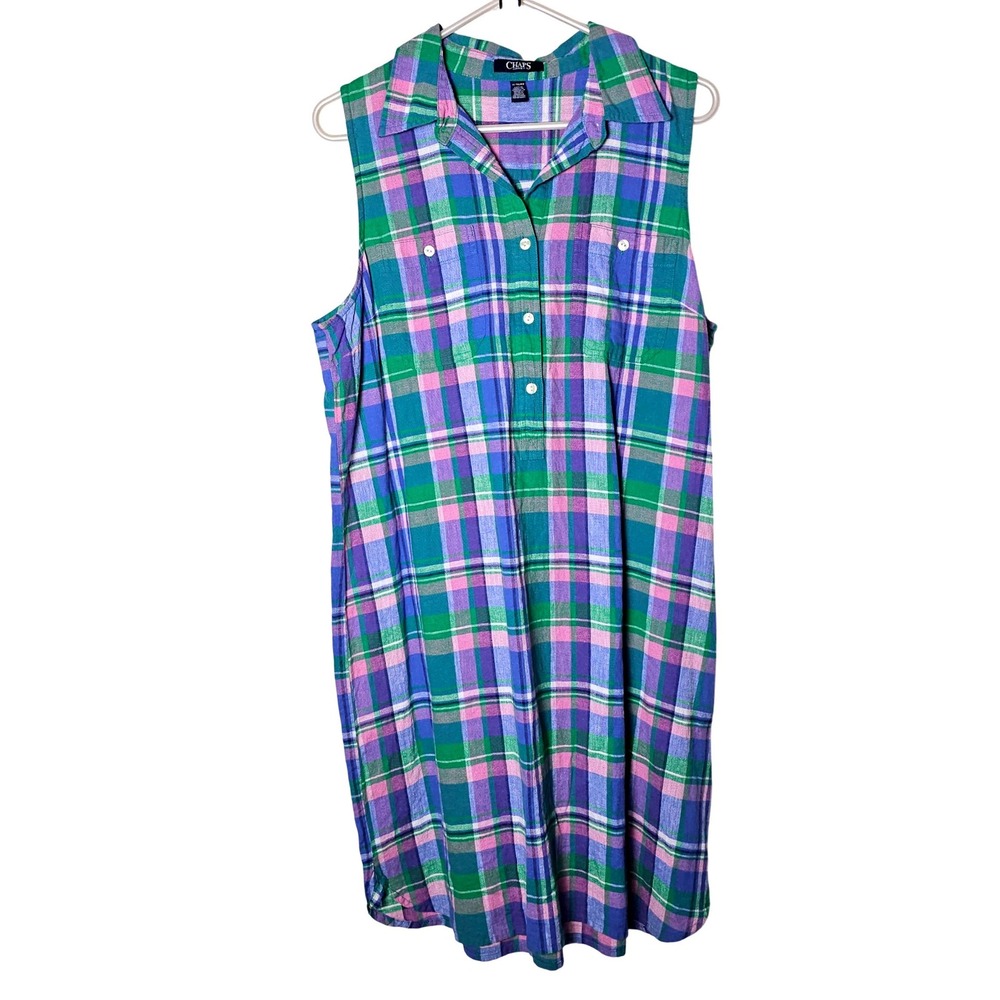 Chaps Denim Womens XL Plaid Sleeveless Linen Blend Button Front Tunic Dress